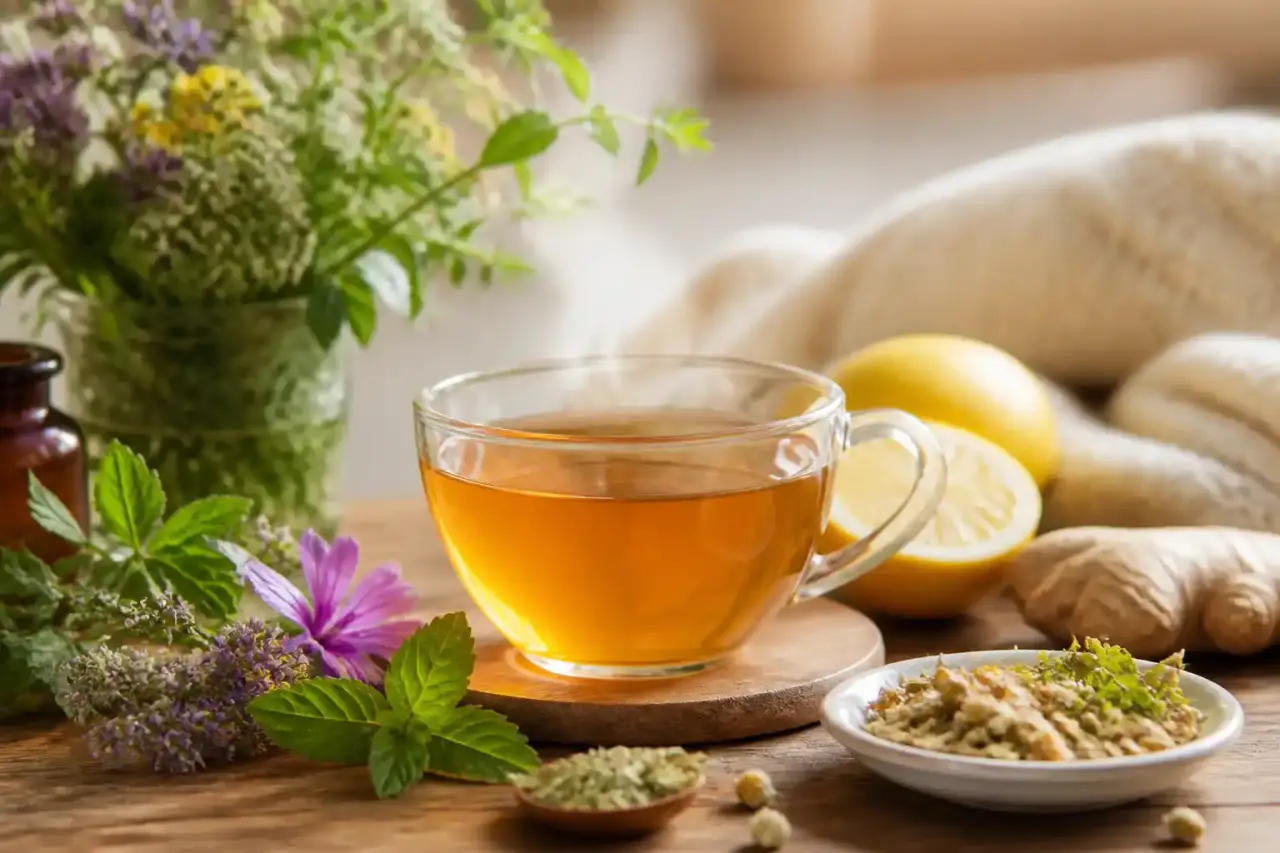 Tasse de tisane chaude aux plantes pour apaiser la toux