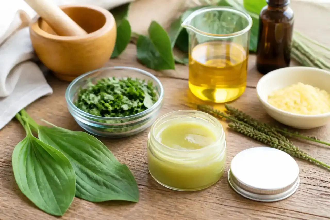 Feuilles de plantain et petit pot de baume naturel fait maison