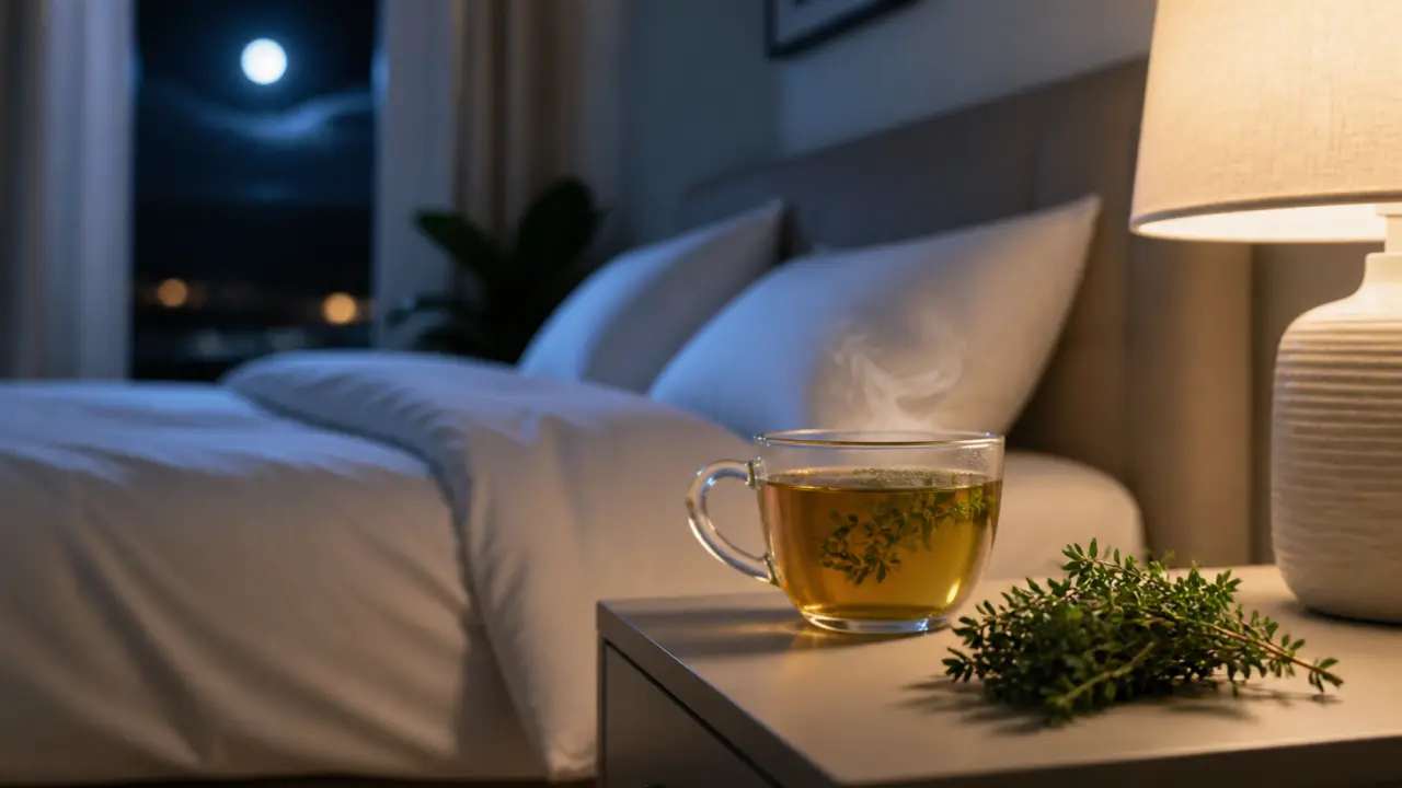 Tasse de tisane au thym posée près d'une fenêtre, ambiance douce de soirée