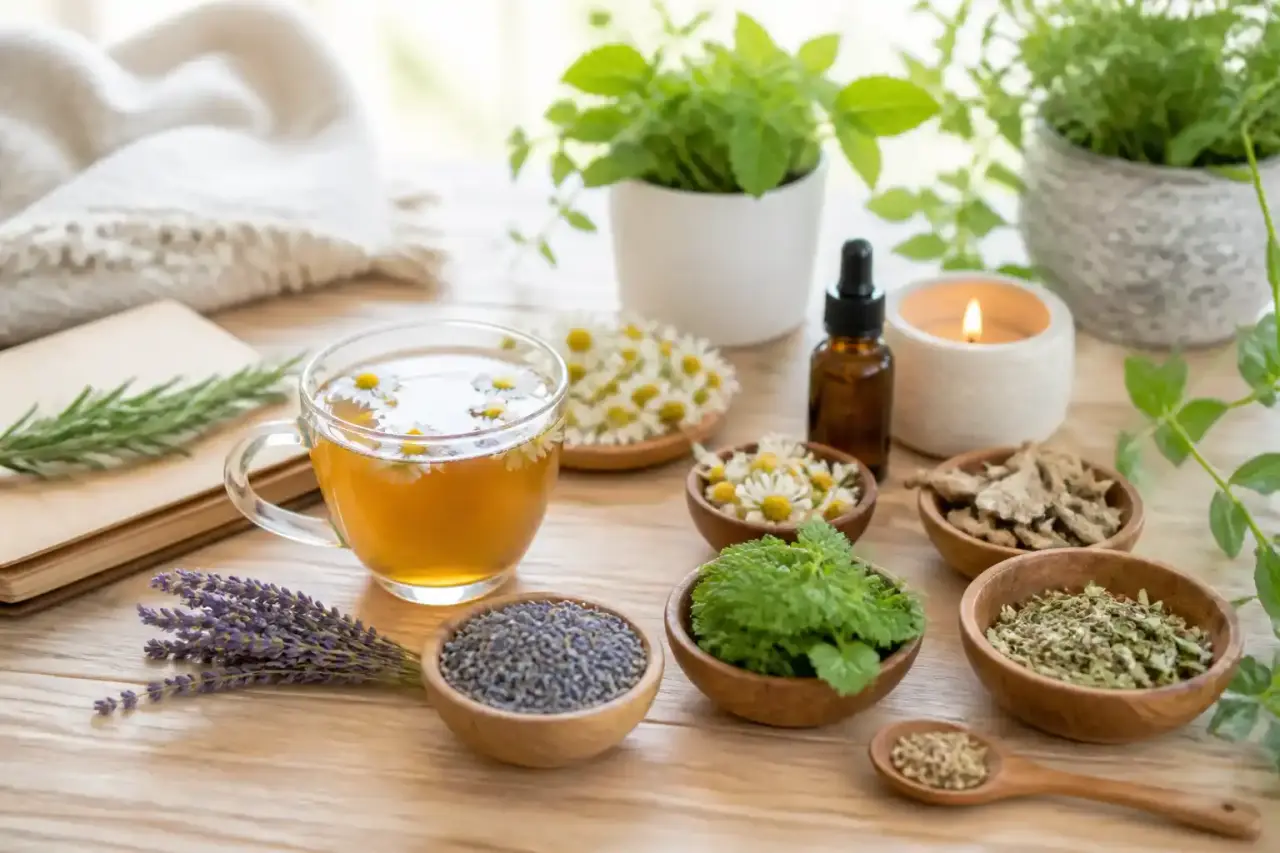 Plantes médicinales et tasses d'infusion chaude sur une table en bois rustique